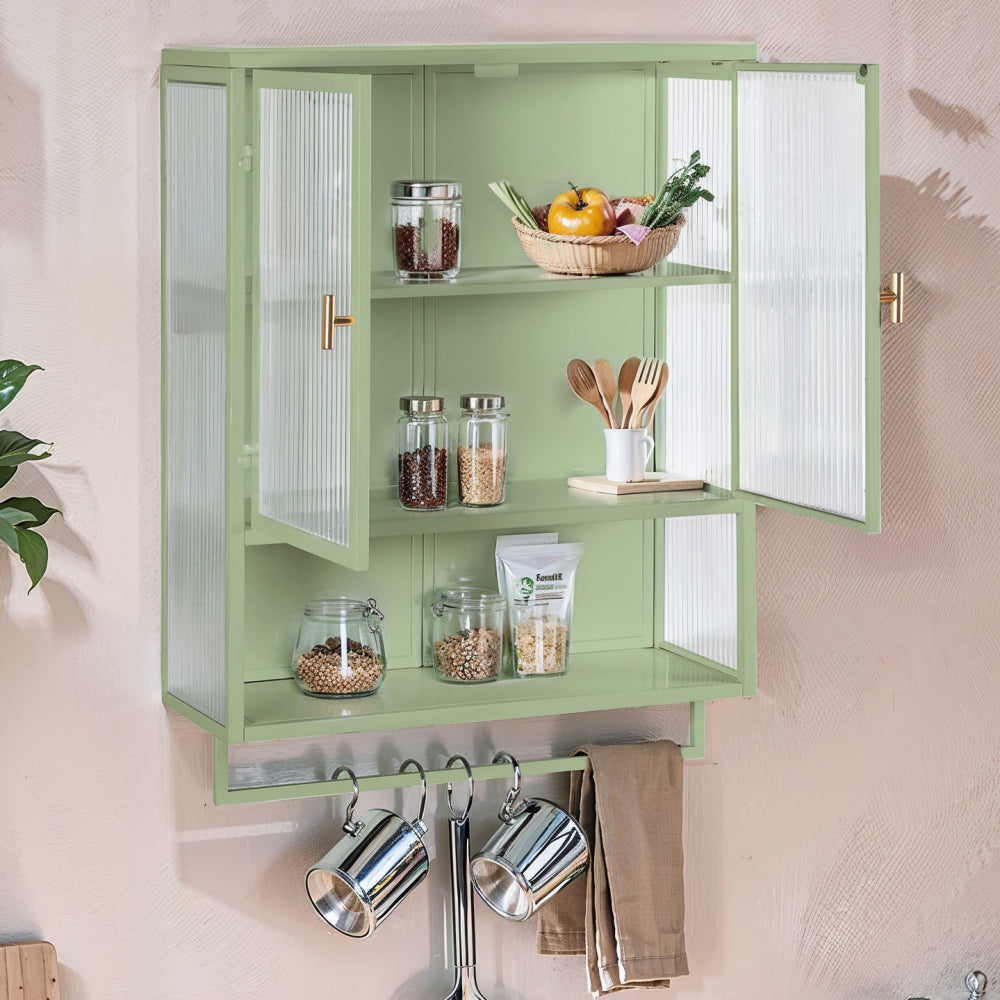 27.56"Glass Doors Modern Two-door Wall Cabinet with Featuring Three-tier Storage for Entryway Living Room Bathroom Dining Room,White