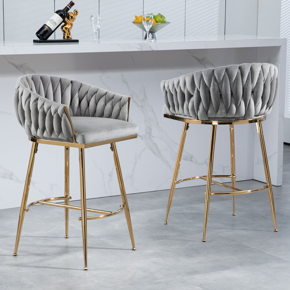 26'' Counter height bar stools velvet kitchen island counter bar stool with hand- wave back,golden chromed base and footrest (BEIGE)