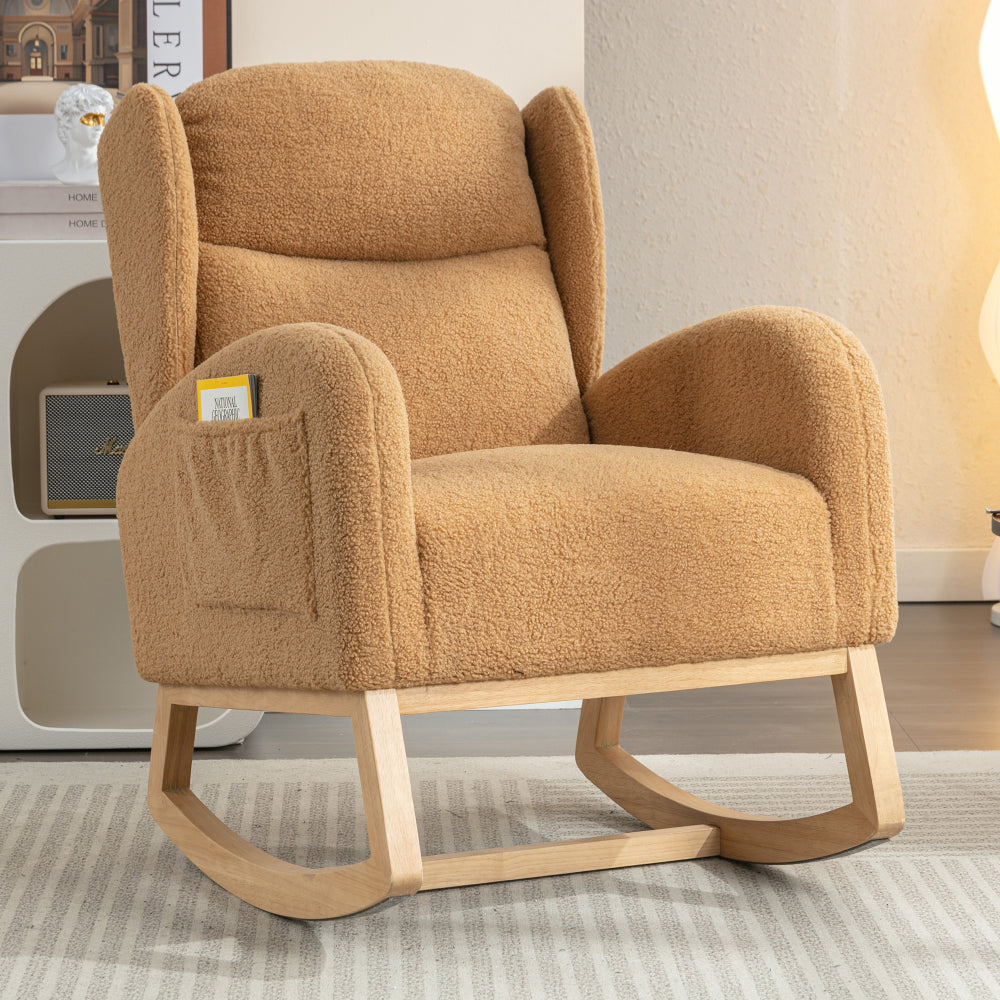 049-Teddy Fabric Rocking Chair With Packet Wood Legs,Ivory