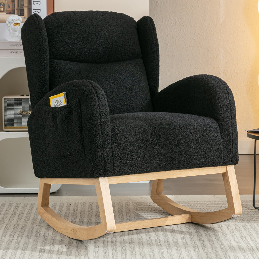 049-Teddy Fabric Rocking Chair With Packet Wood Legs,Ivory