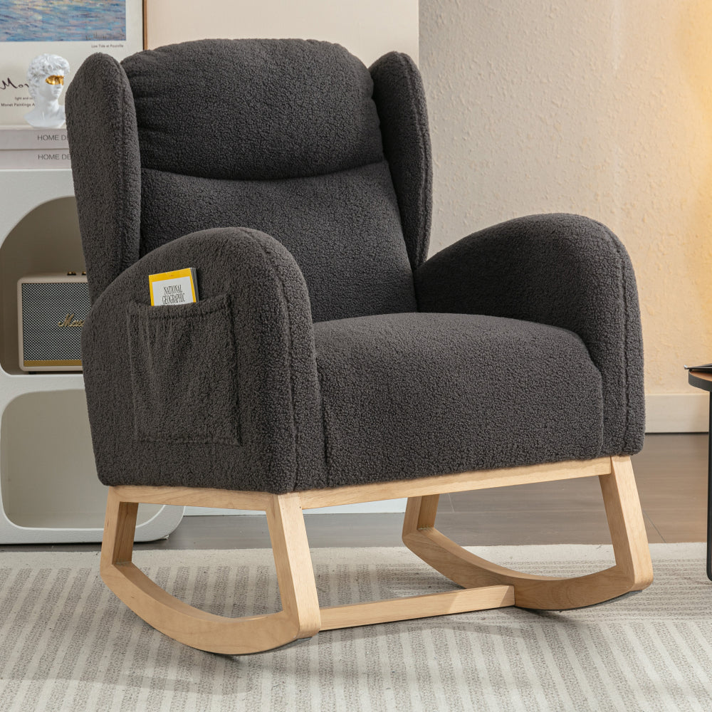 049-Teddy Fabric Rocking Chair With Packet Wood Legs,Ivory