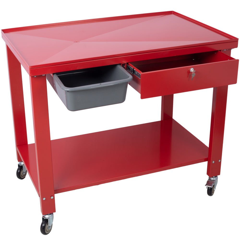 Transmission Teardown Work Station 1/2 Ton Capacity Sloping Drain Table Locking Drawer Removable Drain Basin Full-Width Lower Shelf Four 4-Inch Caster Wheels