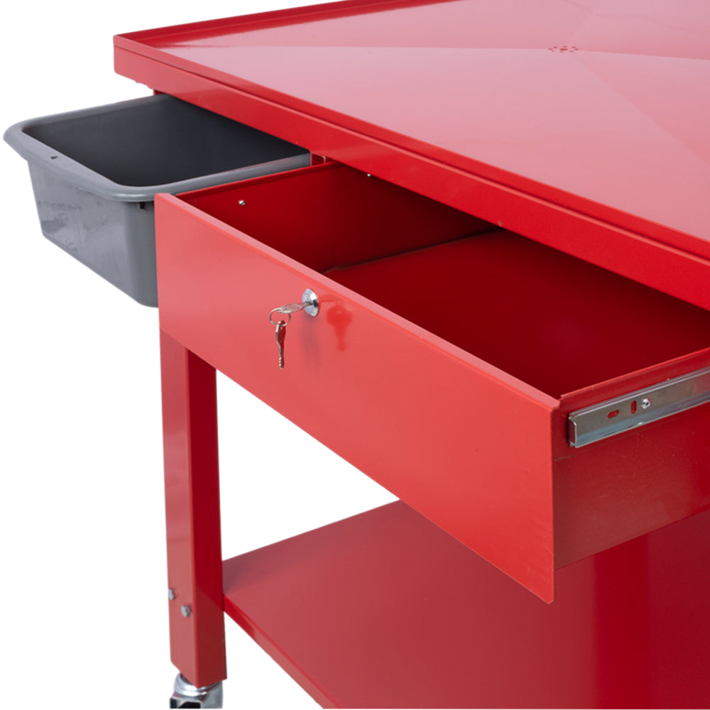 Transmission Teardown Work Station 1/2 Ton Capacity Sloping Drain Table Locking Drawer Removable Drain Basin Full-Width Lower Shelf Four 4-Inch Caster Wheels
