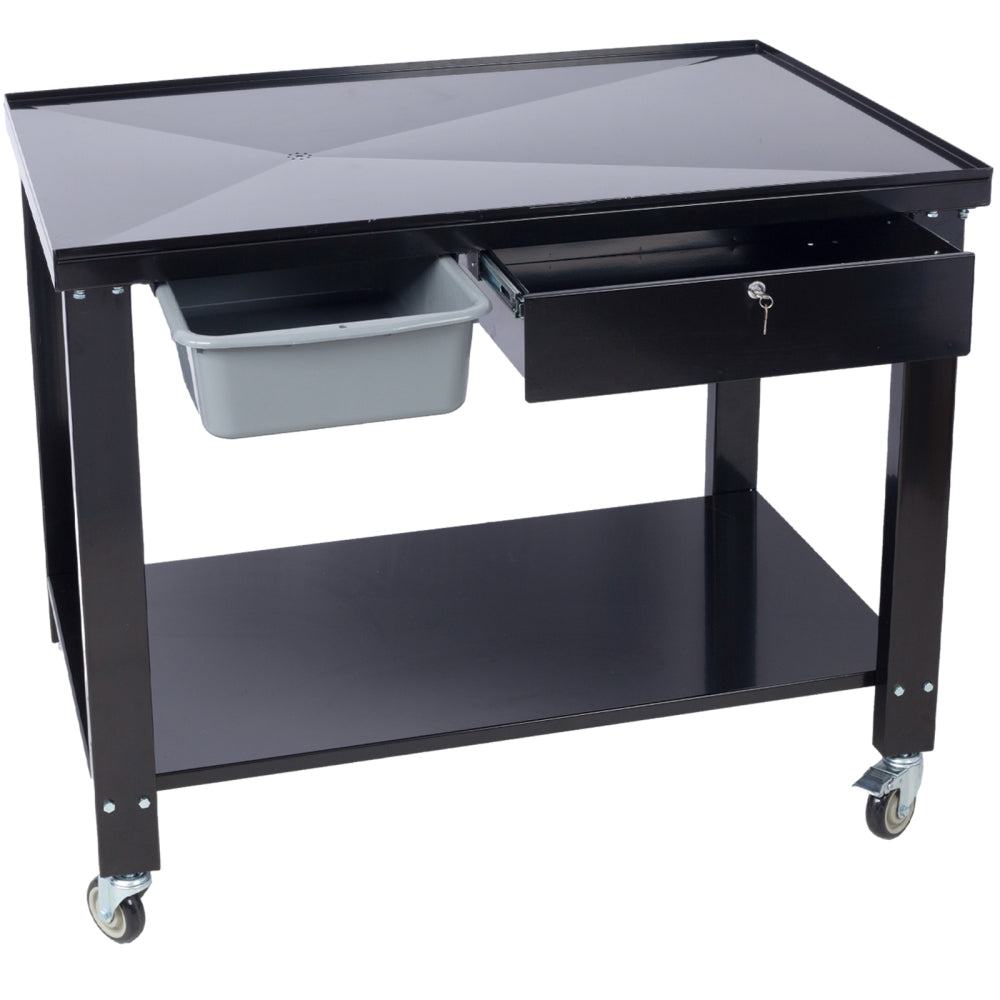 Transmission Teardown Work Station 1/2 Ton Capacity Sloping Drain Table Locking Drawer Removable Drain Basin Full-Width Lower Shelf Four 4-Inch Caster Wheels black