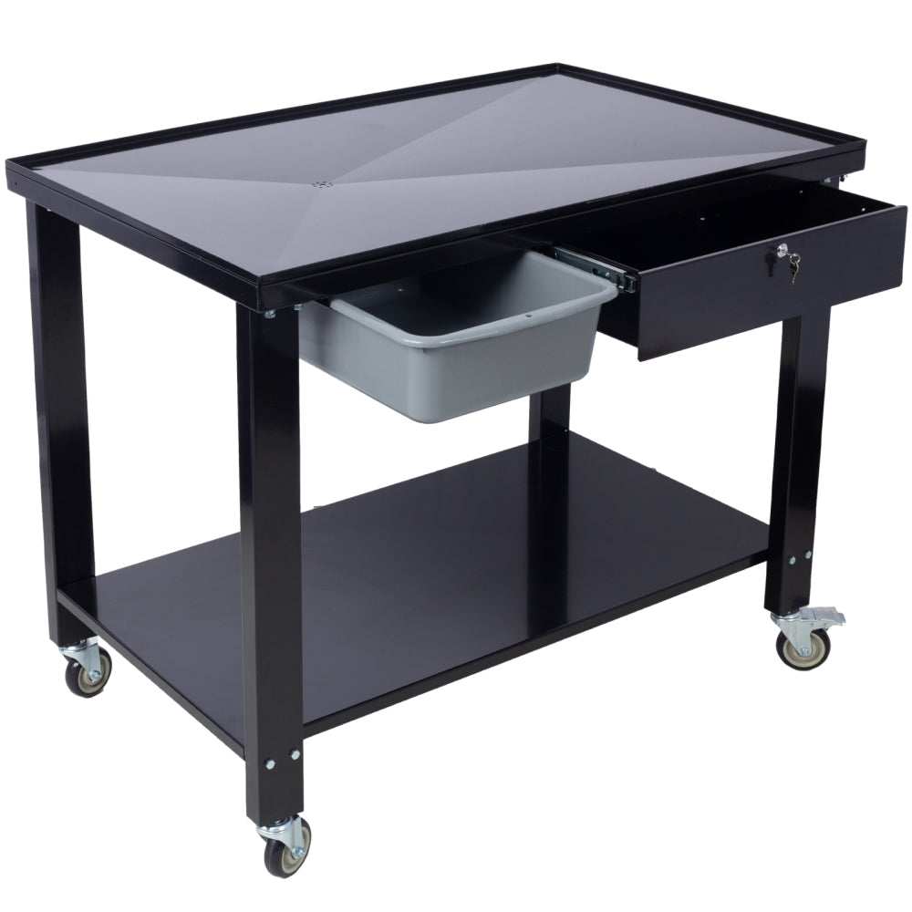 Transmission Teardown Work Station 1/2 Ton Capacity Sloping Drain Table Locking Drawer Removable Drain Basin Full-Width Lower Shelf Four 4-Inch Caster Wheels black