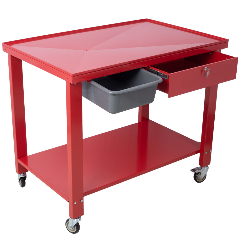 Transmission Teardown Work Station 1/2 Ton Capacity Sloping Drain Table Locking Drawer Removable Drain Basin Full-Width Lower Shelf Four 4-Inch Caster Wheels