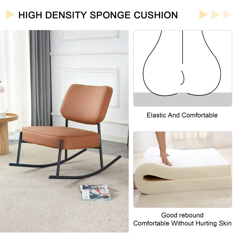 PU material cushioned rocking chair, unique rocking chair, cushioned seat, brown backrest rocking chair, black metal legs. Comfortable side chairs in the living room, bedroom, and office