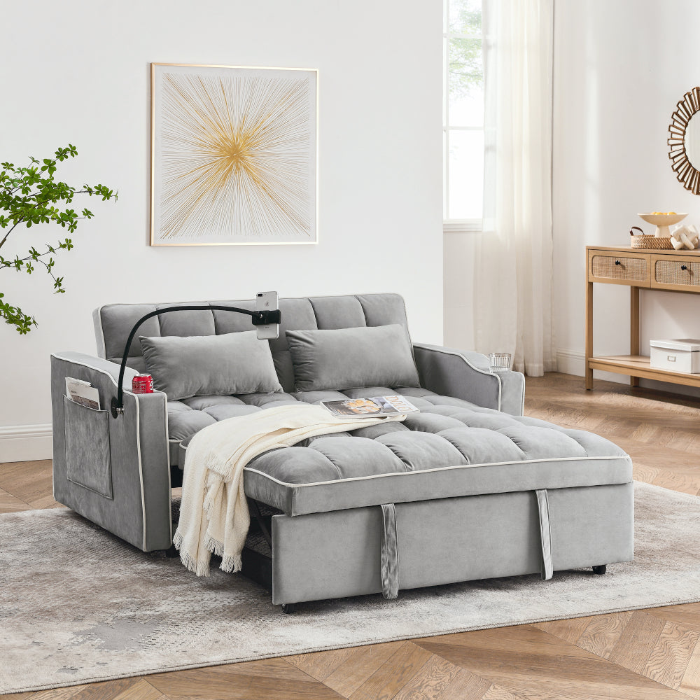 55.51 inch versatile foldable sofa bed in 3 lengths, modern sofa sofa sofa velvet pull-out bed, adjustable back and with USB port and ashtray and swivel phone stand (Black)