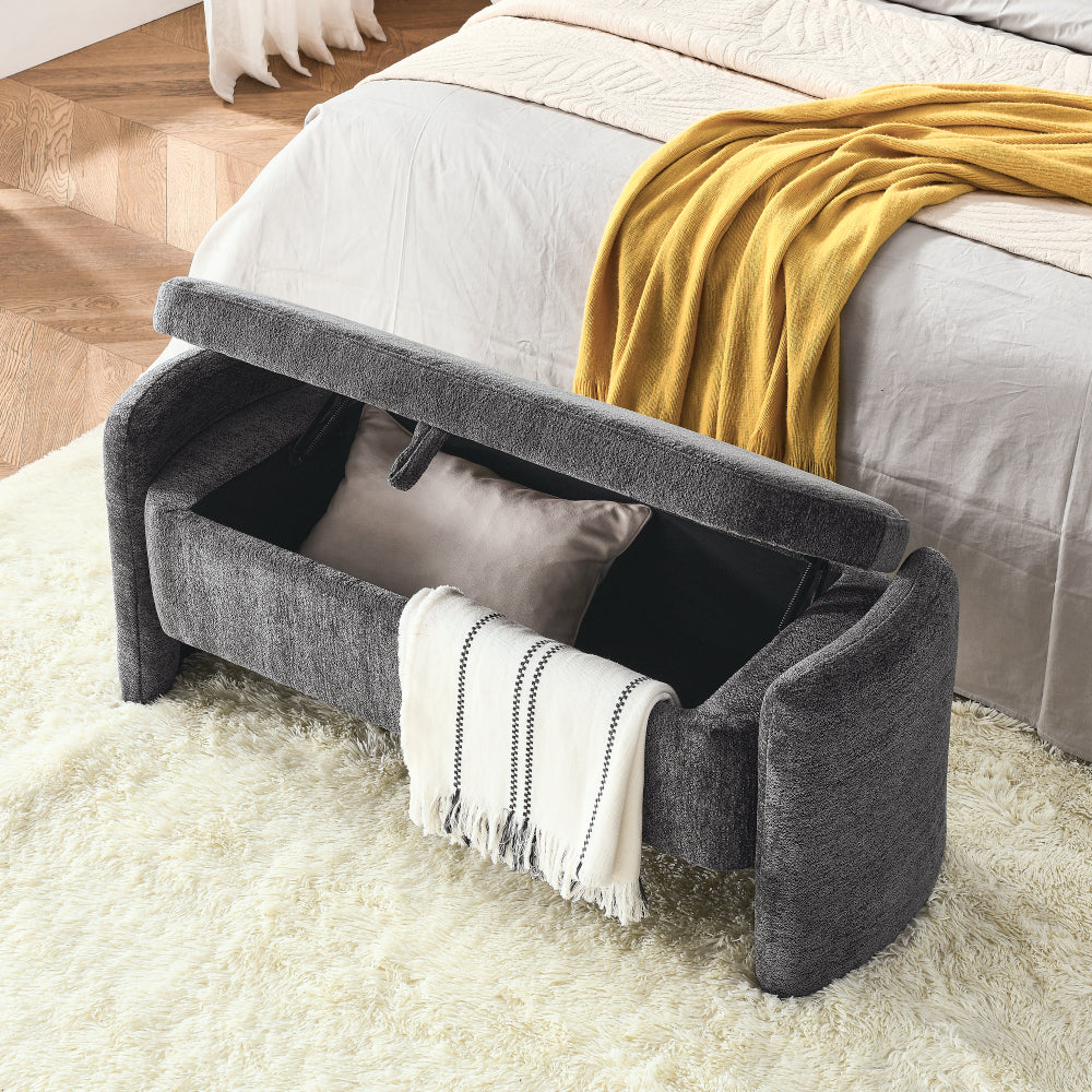 Ottoman Oval Storage Bench Chenille Fabric Bench with Large Storage Space for the Living Room, Entryway and Bedroom,gray