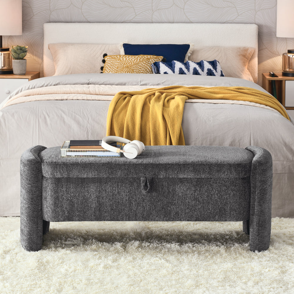 Ottoman Oval Storage Bench Chenille Fabric Bench with Large Storage Space for the Living Room, Entryway and Bedroom,gray