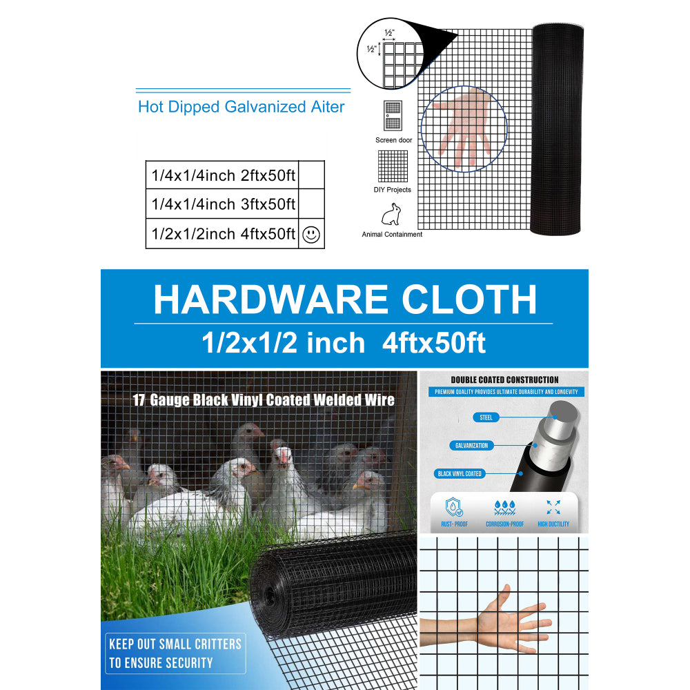48 inch×50 ft Black Vinyl Coated Hardware Cloth, 19 Gauge 1/2 inch Black PVC Hardware Cloth, Black Welded Wire Fence Supports Poultry-Netting Cage-Home Improvement and Chicken Coop