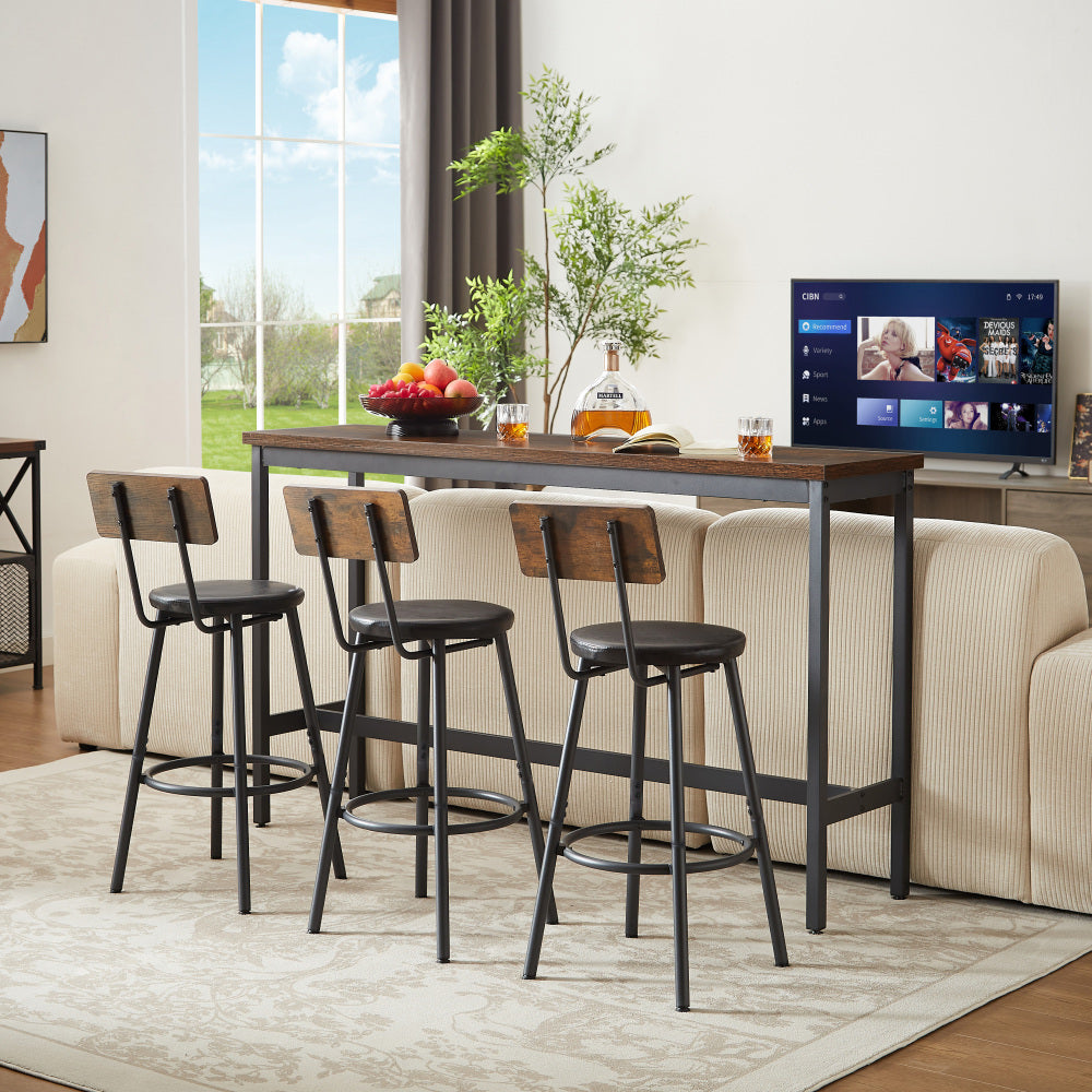 Long Bar Table Set with 3 PU Upholstered Bar Stools, Industrial Bar Table and Chairs for Kitchen Breakfast Table, Living Room, Banquet Hall, Rustic Gray and Black, 63″L x15.7"W x 37.5"H