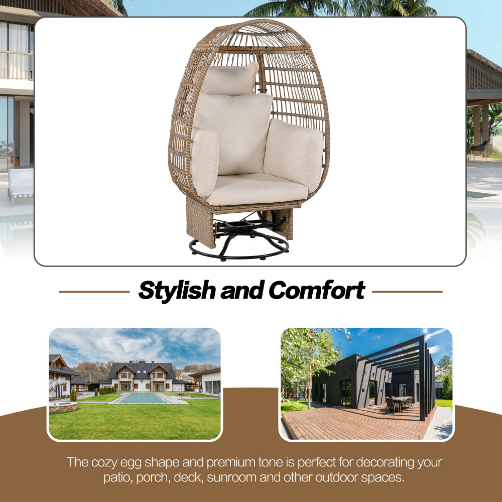 TREXM Outdoor Swivel Chair with Cushions, Rattan Egg Patio Chair with Rocking Function for Balcony, Poolside and Garden (Natural Wicker + Beige Cushion)