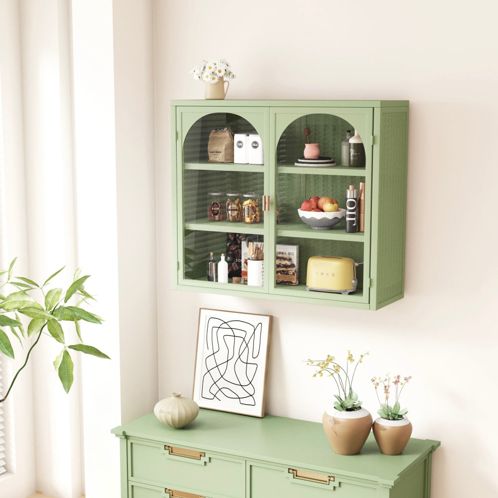 27.56"Glass Doors Modern Two-door Wall Cabinet with Featuring Three-tier Storage for Entryway Living Room Bathroom Dining Room,White