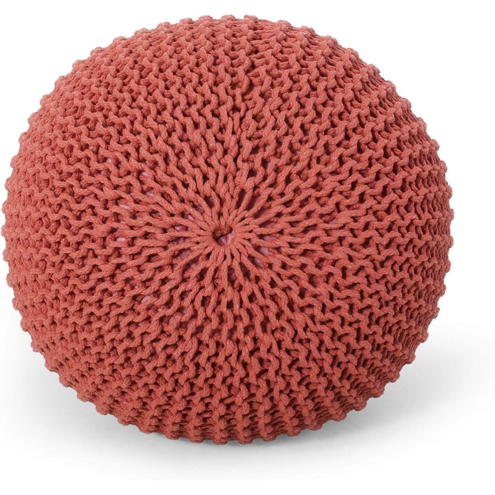 Poona Handcrafted Modern Cotton Pouf, Coral