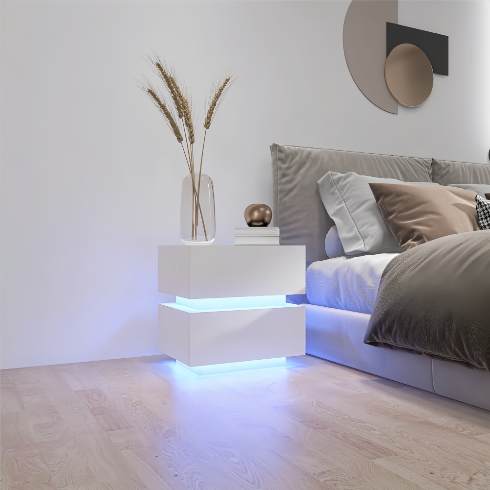 White Color High Glossy 2 Drawers Bedside Table with RGB Led Light Nightstand with Bluetooth Control