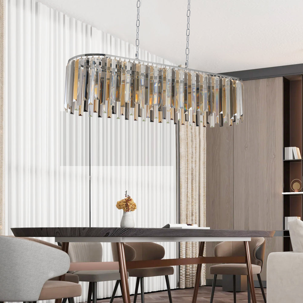 (NEW SKU:W1340P189407) 39" Modern Crystal Rectangle Pendant Chandelier with Chrome Finish – Elegant Light Fixture for Living Room, Dining Room, or Kitchen (Bulb Not Included)
