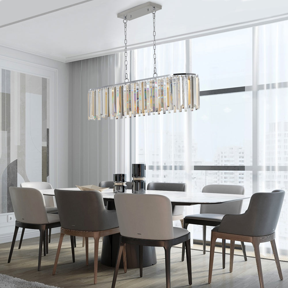 (NEW SKU:W1340P189407) 39" Modern Crystal Rectangle Pendant Chandelier with Chrome Finish – Elegant Light Fixture for Living Room, Dining Room, or Kitchen (Bulb Not Included)