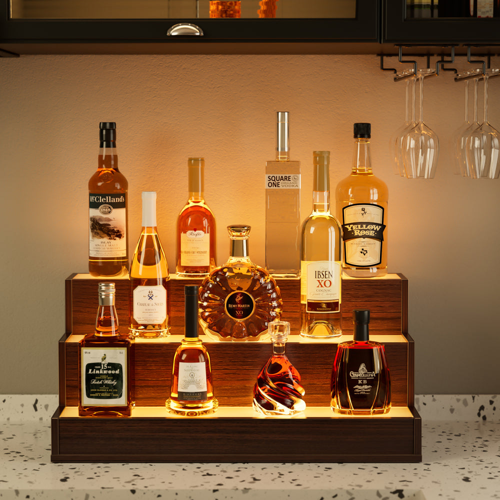 LED Lighted Liquor Bottle Display Shelf, 24 Inch Bar Display Shelf, DIY Illuminated Bottle Shelf with App & Remote Control, 3 Step Freestanding Holding Bottles for Home Bar, Party, Walnut