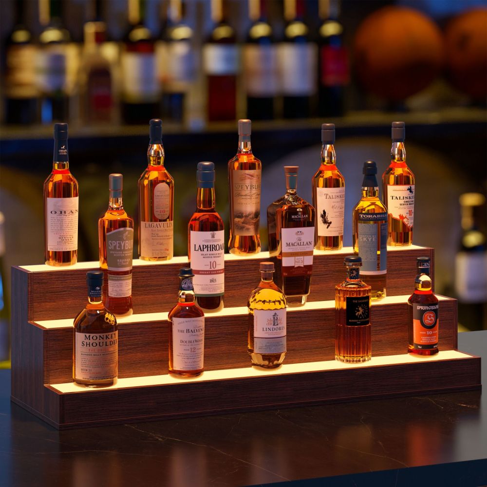 LED Lighted Liquor Bottle Display Shelf, 24 Inch Bar Display Shelf, DIY Illuminated Bottle Shelf with App & Remote Control, 3 Step Freestanding Holding Bottles for Home Bar, Party, Walnut