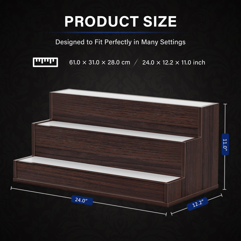 LED Lighted Liquor Bottle Display Shelf, 24 Inch Bar Display Shelf, DIY Illuminated Bottle Shelf with App & Remote Control, 3 Step Freestanding Holding Bottles for Home Bar, Party, Walnut
