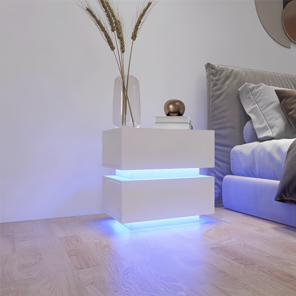 White Color High Glossy 2 Drawers Bedside Table with RGB Led Light Nightstand with Bluetooth Control