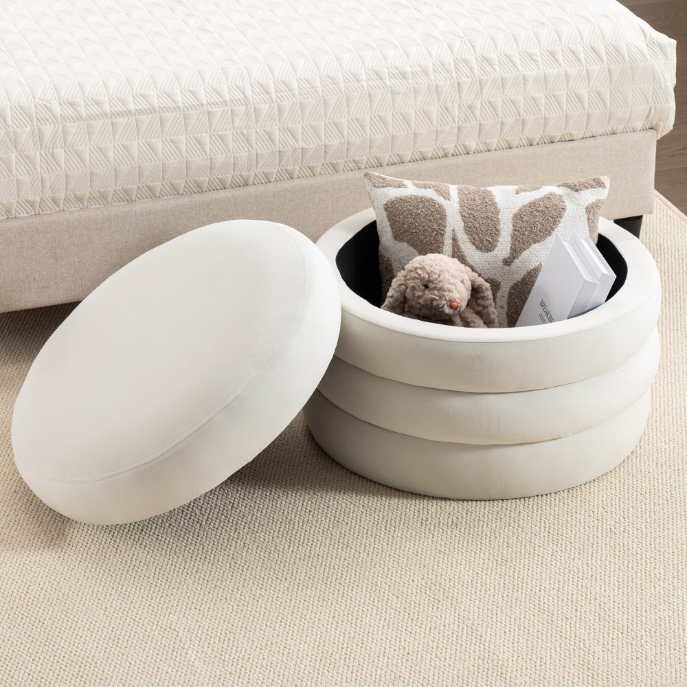 006-Soft Velvet Round Ottoman Footrest Stool,Ivory