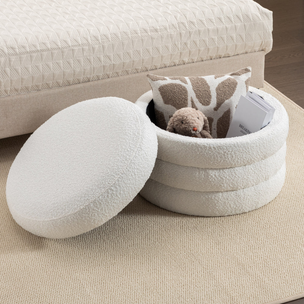 006-Soft Velvet Round Ottoman Footrest Stool,Ivory