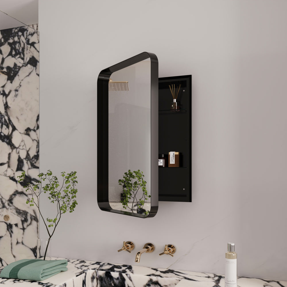 31.5 Inch Surface Mount Round Metal Framed Medicine Cabinet with Mirror and Adjustable Shelves Black Wall Mirror with Storage for Bathroom, Matte Gold
