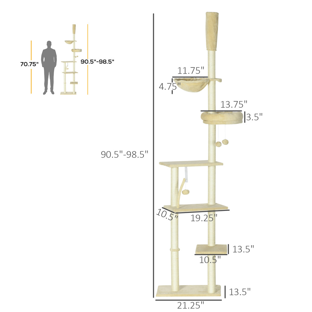 PawHut Floor to Ceiling Cat Tree, 90.5" - 98.5" Adjustable Height, Cat Climbing Tower with Carpeted Platforms, Cozy Bed, Hammock, Scratching Posts, Toy Balls, Activity Center for Kittens, Beige