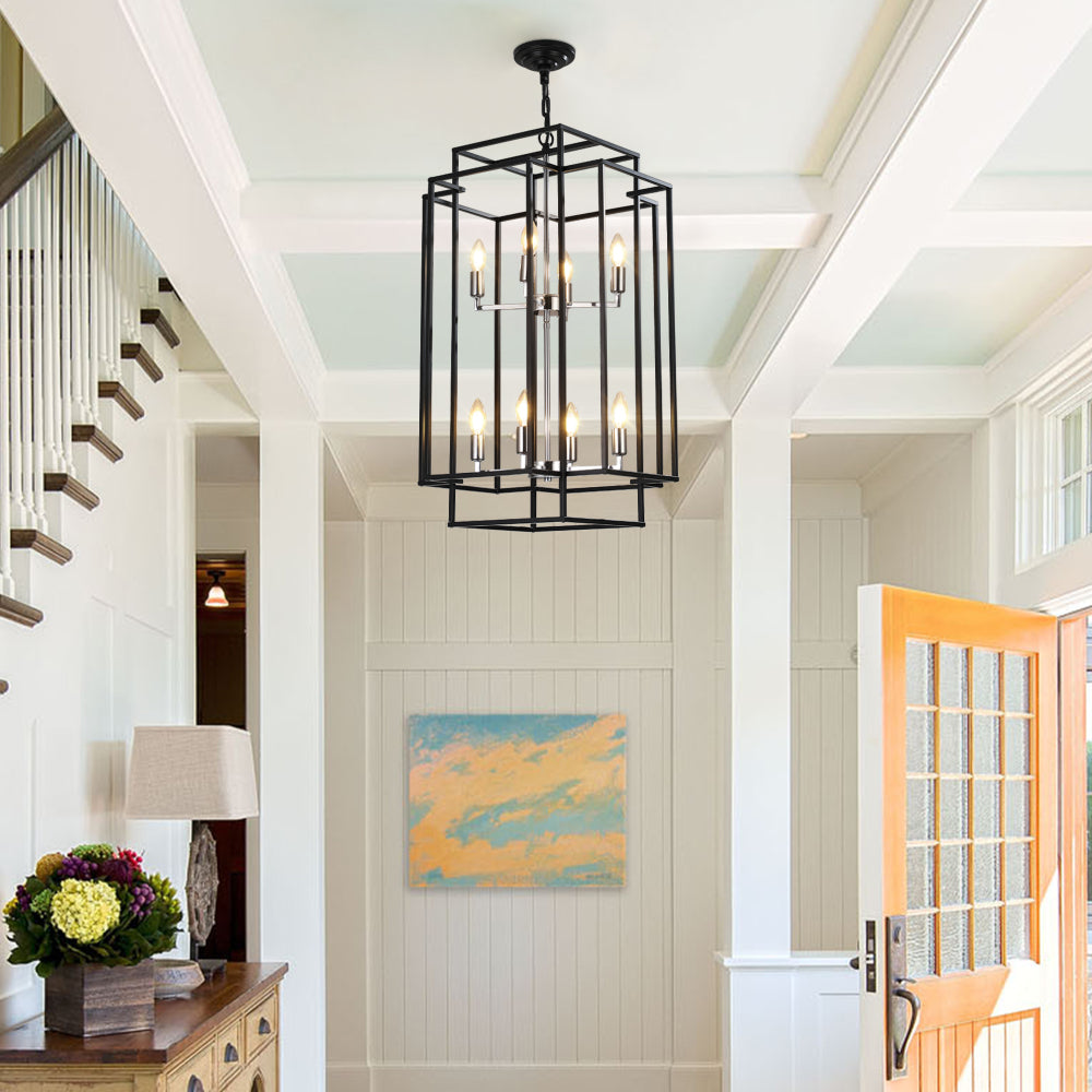 (Same as W1340142525/L1018-C) 18" Modern 8-Light Black & Chrome Geometric Pendant Chandelier, Industrial Metal Frame, Adjustable Hanging Light for Living Room, Dining Room, Kitchen (No Bulbs)
