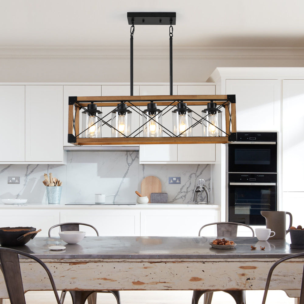 (Same as W1340P155968/L1011-RW) 32" Red Wood Industrial Farmhouse Rectangle Pendant Light, 5-Light Chandelier for Dining Room, Kitchen Island, Cafe Decor (No Bulbs)