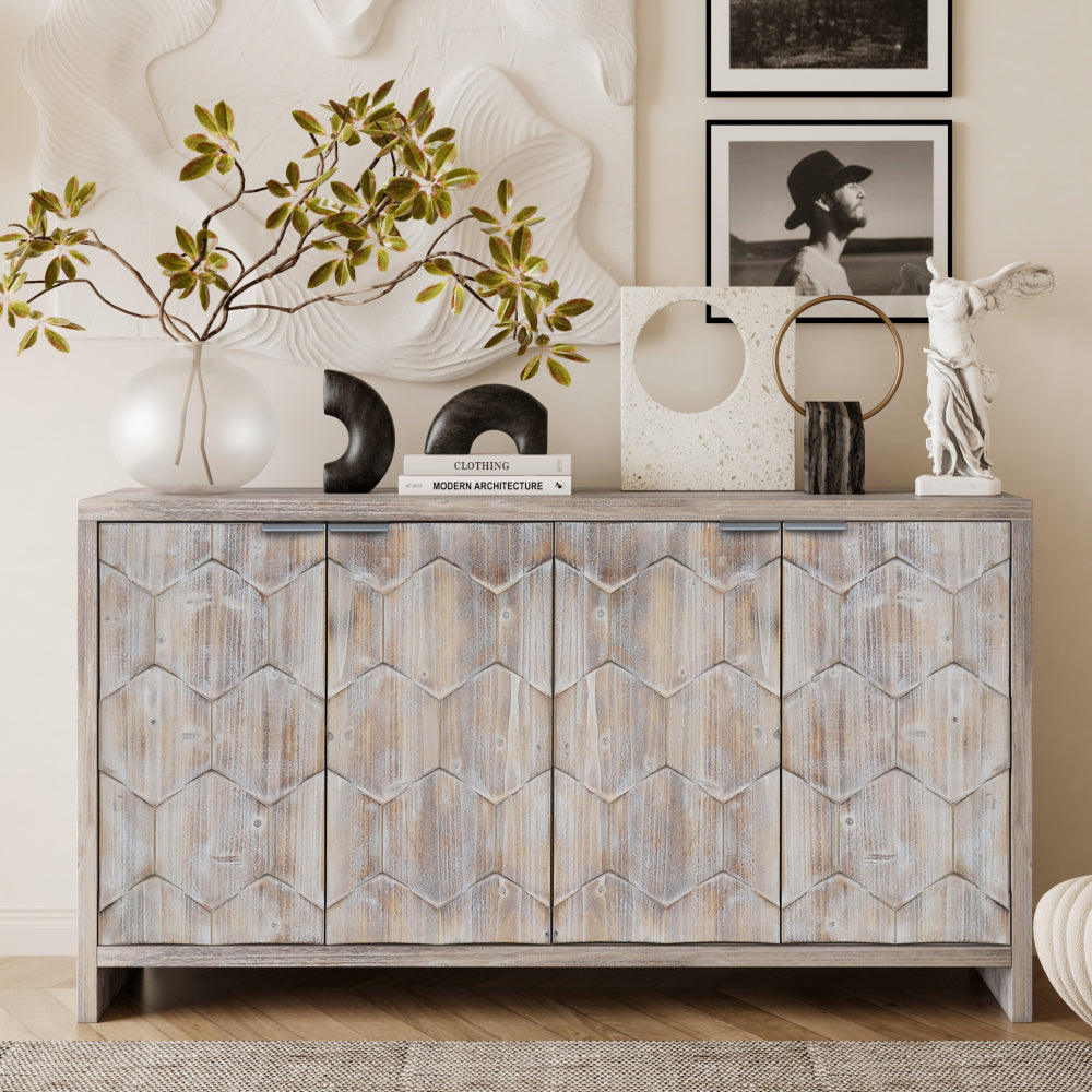 Accent Cabinet Farmhouse Style 3 Door Wooden Cabinet Sideboard Buffet Server Cabinet Storage Cabinet, for Living Room, Entryway, Hallway, Office, Kitchen and Dining Room, Natural Wood Wash