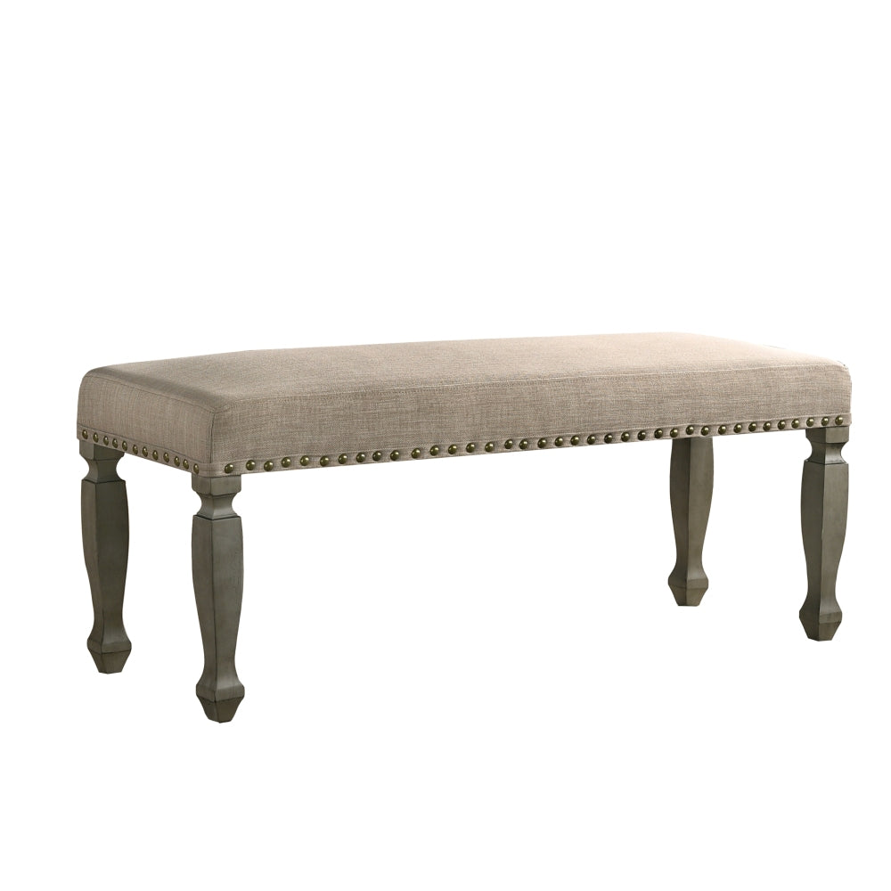 Breda Antique Gray Finish Upholstered Nailhead Bench