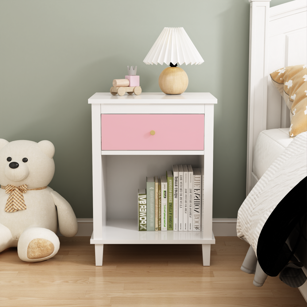 26.77''H Wooden Nightstand with One Drawer One Shelf for Kids, Adults, Pink+Golden handle