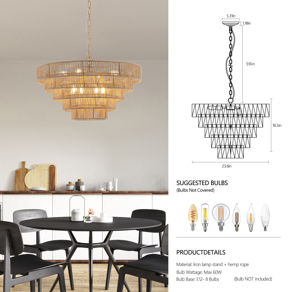 (Same as W1340P155977/L1019-5) 24" Modern 5-Layer Woven Hemp Rope Chandelier, Boho Style Pendant Light, Elegant Hanging Light Fixture for Living Room, Dining Room, Bedroom (No Bulbs)