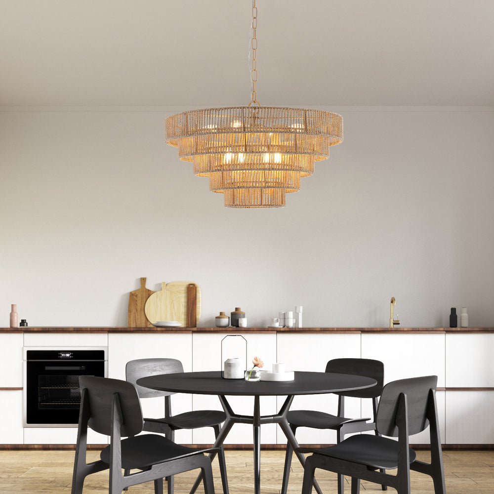 (Same as W1340P155977/L1019-5) 24" Modern 5-Layer Woven Hemp Rope Chandelier, Boho Style Pendant Light, Elegant Hanging Light Fixture for Living Room, Dining Room, Bedroom (No Bulbs)