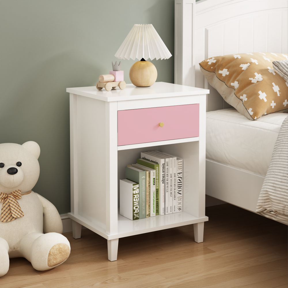 26.77''H Wooden Nightstand with One Drawer One Shelf for Kids, Adults, Pink+Golden handle