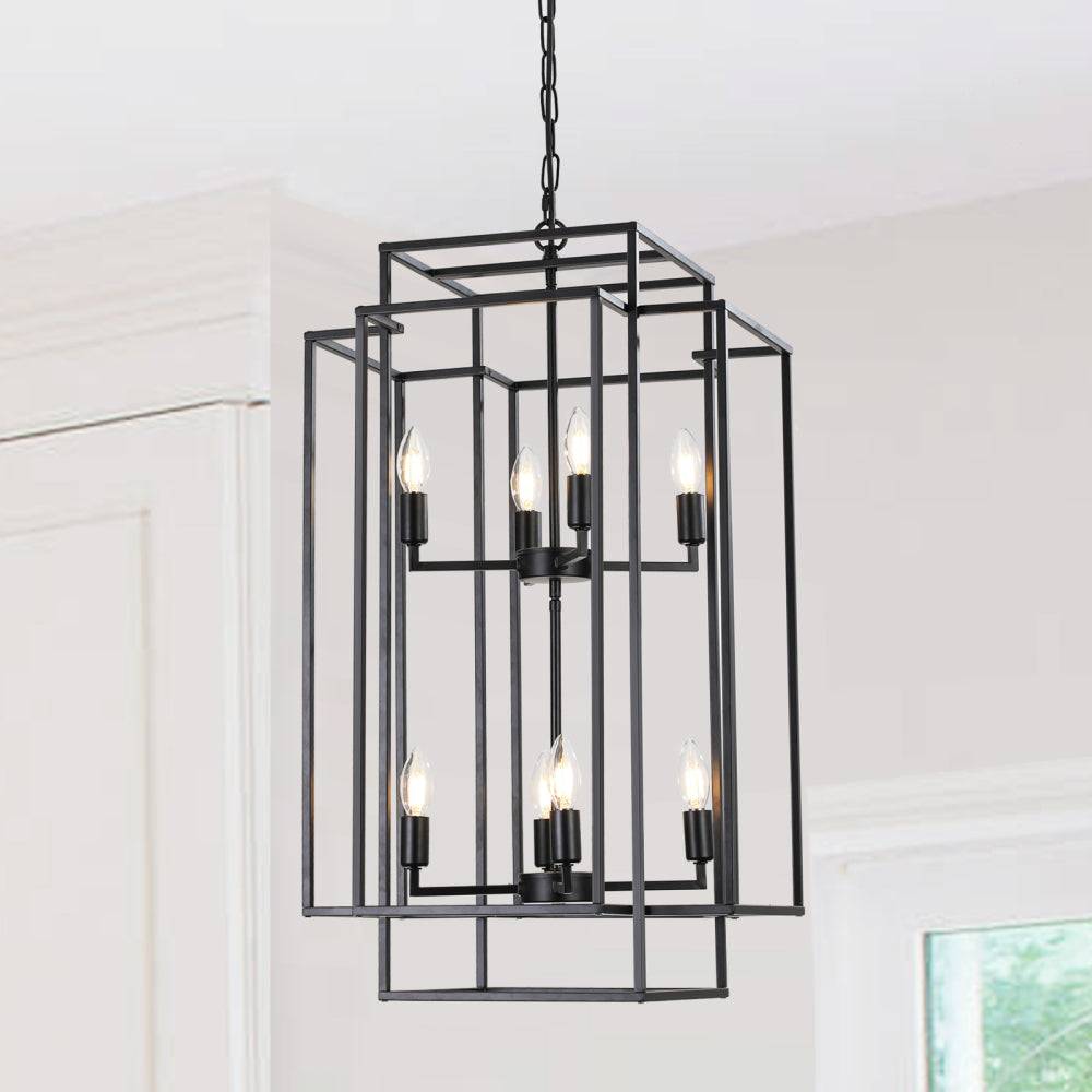 (Same as W1340142524/L1018-G) 18" Modern 8-Light Black Gold Geometric Pendant Chandelier, Industrial Metal Frame, Adjustable Hanging Light for Living Room, Dining Room, Kitchen (No Bulbs)
