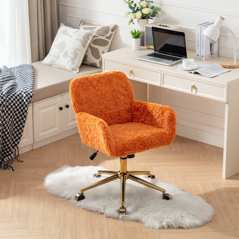 A&A Furniture Office Chair,Artificial rabbit hair Home Office Chair with Golden Metal Base,Adjustable Desk Chair Swivel Office Chair,Vanity Chair(Beige)