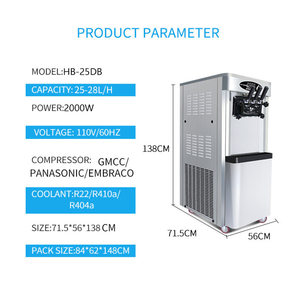 Commercial vertical ice cream machine,25-30L/H production capacity, with 2x6L hopper, 2000W power, soft ice cream machine for restaurants and snack shops, three flavors