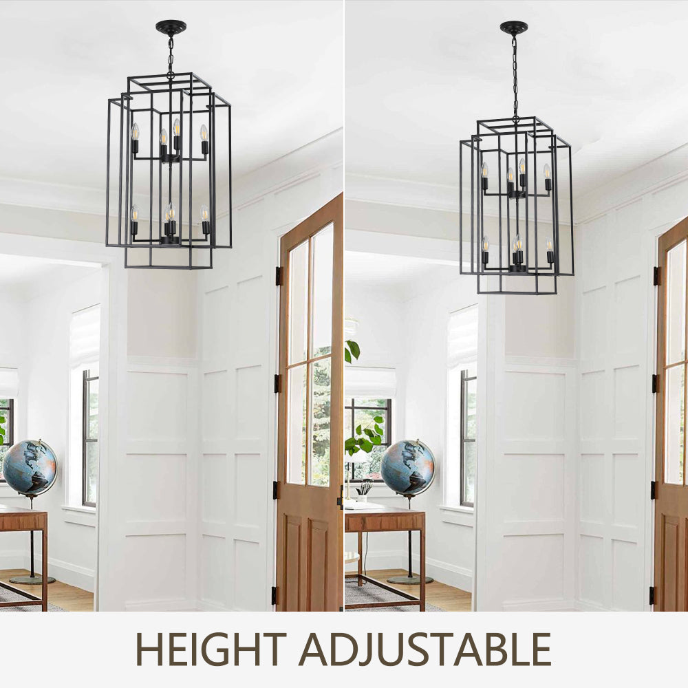 (Same as W1340142527/L1018-B) 18" Modern 8-Light Black Geometric Pendant Chandelier, Industrial Metal Frame, Adjustable Hanging Light for Living Room, Dining Room, Kitchen (No Bulbs)