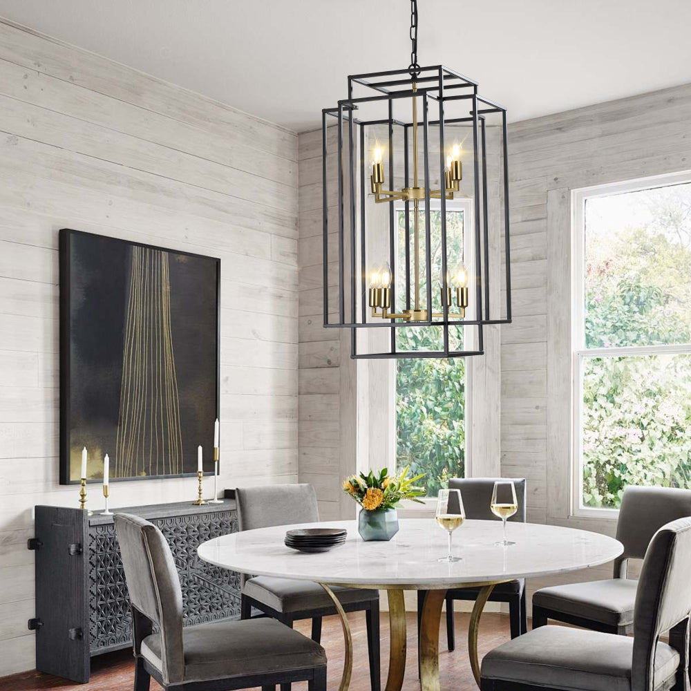 (Same as W1340142524/L1018-G) 18" Modern 8-Light Black Gold Geometric Pendant Chandelier, Industrial Metal Frame, Adjustable Hanging Light for Living Room, Dining Room, Kitchen (No Bulbs)