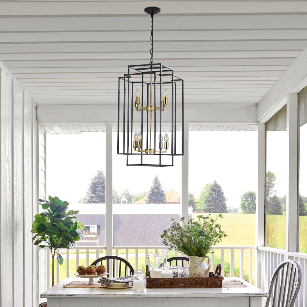 (Same as W1340142524/L1018-G) 18" Modern 8-Light Black Gold Geometric Pendant Chandelier, Industrial Metal Frame, Adjustable Hanging Light for Living Room, Dining Room, Kitchen (No Bulbs)