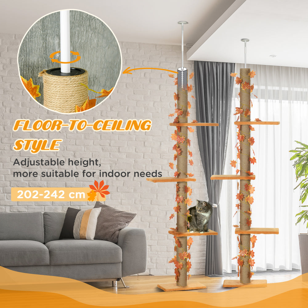 Pawhut Floor to Ceiling Cat Tree, 80" - 95" Adjustable Tall Cat Tower, 3-Level Cat Climbing Towe for Indoor Cats with Sisal Scratching Post, Platforms, Leaves, Orange