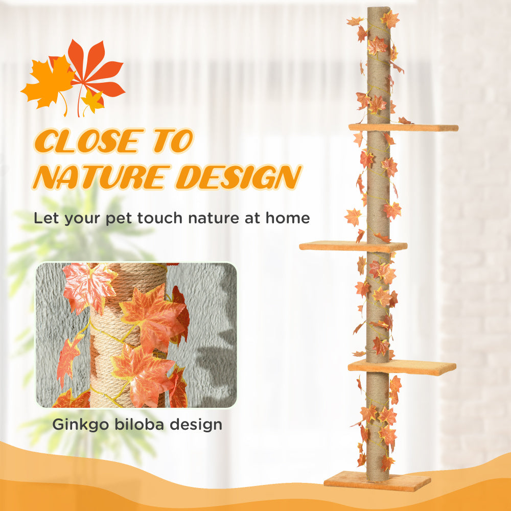 Pawhut Floor to Ceiling Cat Tree, 80" - 95" Adjustable Tall Cat Tower, 3-Level Cat Climbing Towe for Indoor Cats with Sisal Scratching Post, Platforms, Leaves, Orange