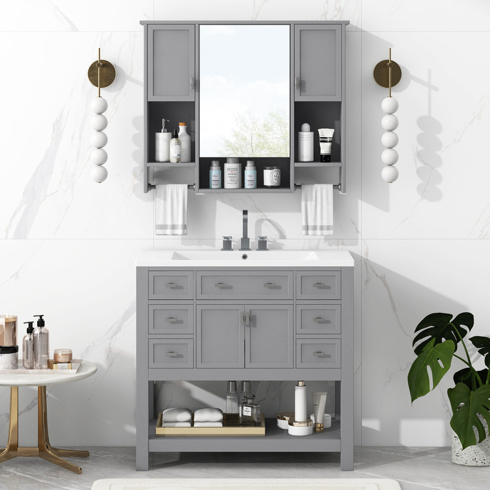 35'' x 28'' Modern Wall Mounted Bathroom Storage Cabinet, Bathroom Wall Cabinet with Mirror, Medicine Cabinet with Towels Bar