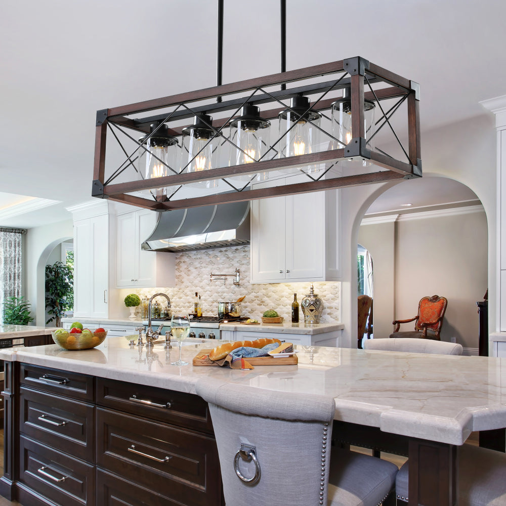 (Same as W1340P155968/L1011-RW) 32" Red Wood Industrial Farmhouse Rectangle Pendant Light, 5-Light Chandelier for Dining Room, Kitchen Island, Cafe Decor (No Bulbs)