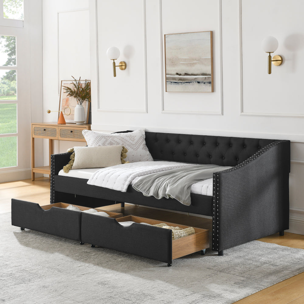 Queen Size Daybed with Drawers Upholstered Tufted Sofa Bed,,with Button on Back and Copper Nail on Waved Shape Arms, Beige (84.5"x63.5"x26.5")