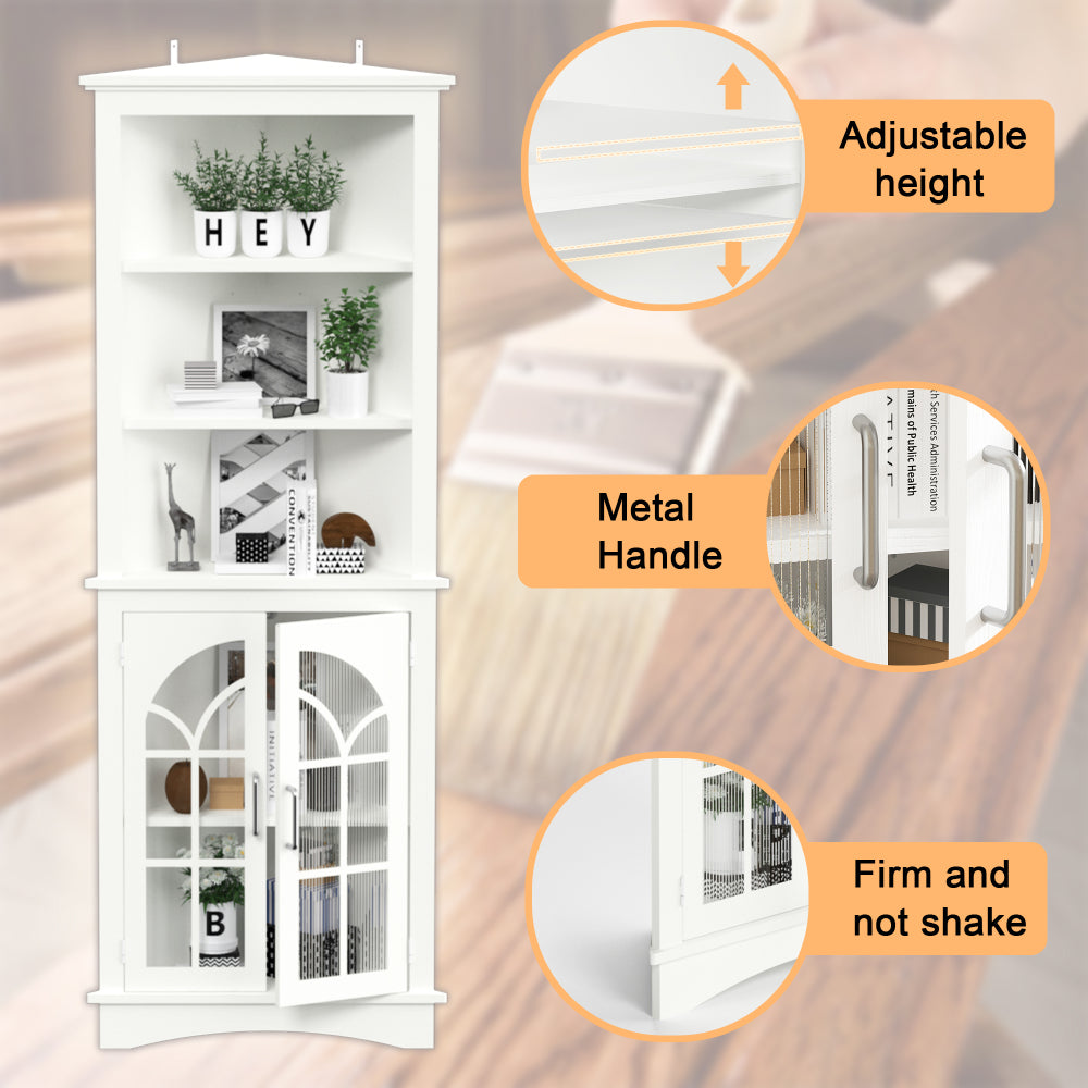 Corner Storage Cabinet, 63.3" Tall Freestanding Bookcase with Doors & Adjustable Shelves, 5-Tier Corner Display Cabinet for Living Room, Office, Dining Room, White